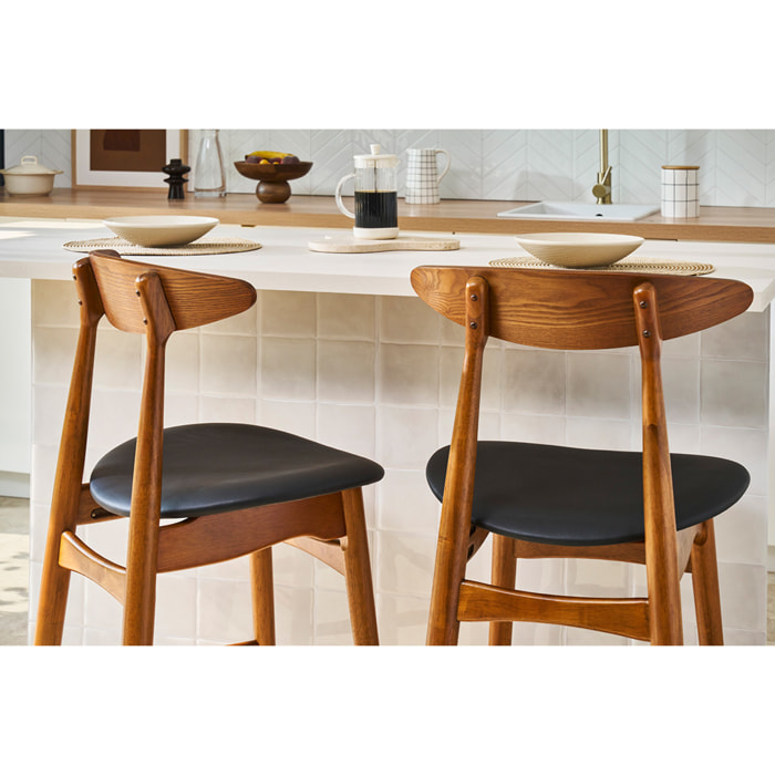 Tabouret de bar vintage noyer et PU noir 65 cm (lot de 2) WALFORD