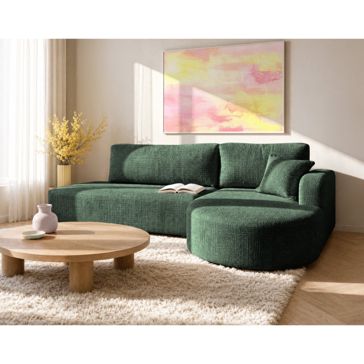 Miro - Canapé d'angle droit 4 places convertible avec coffre en velours texturé - Vert