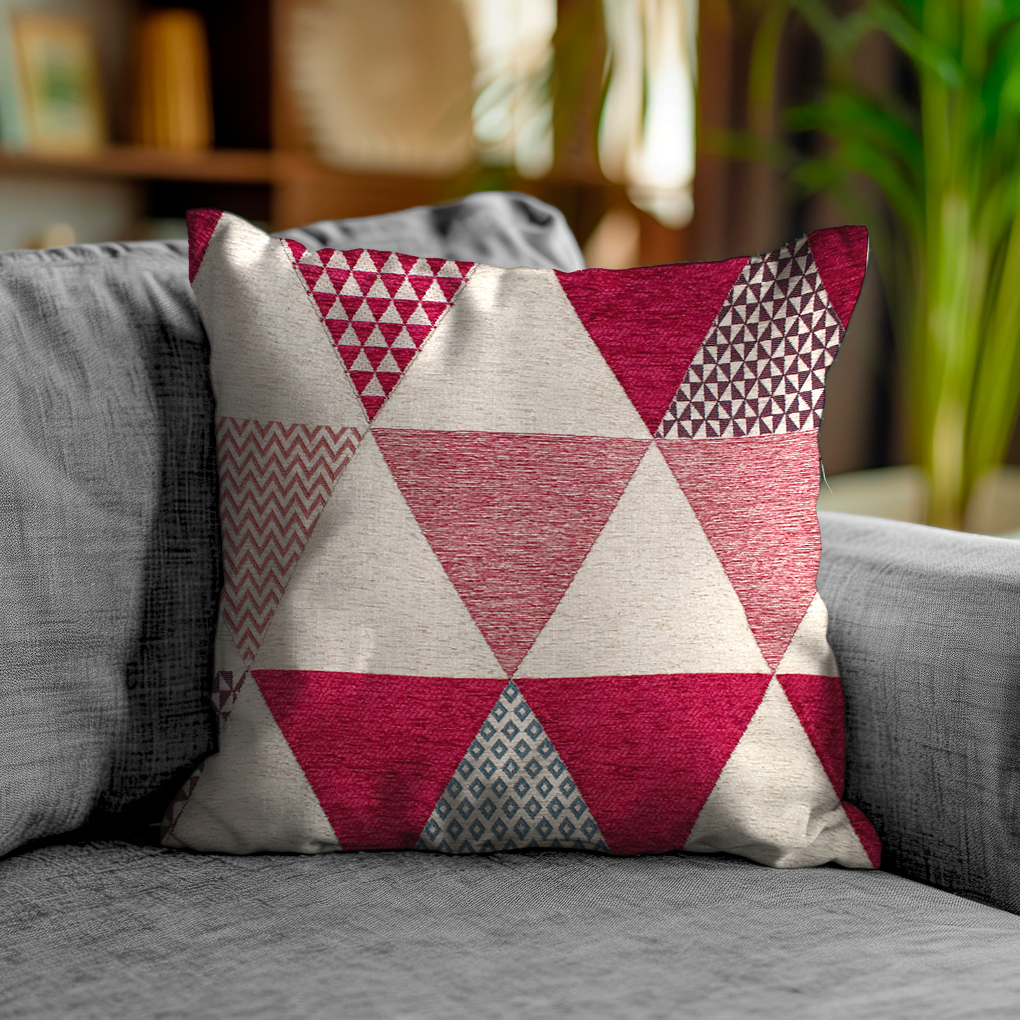 COPPIA CUSCINI ARREDO JACQUARD SFODERABILI 50X50 CM TRIANGOLI FUCSIA