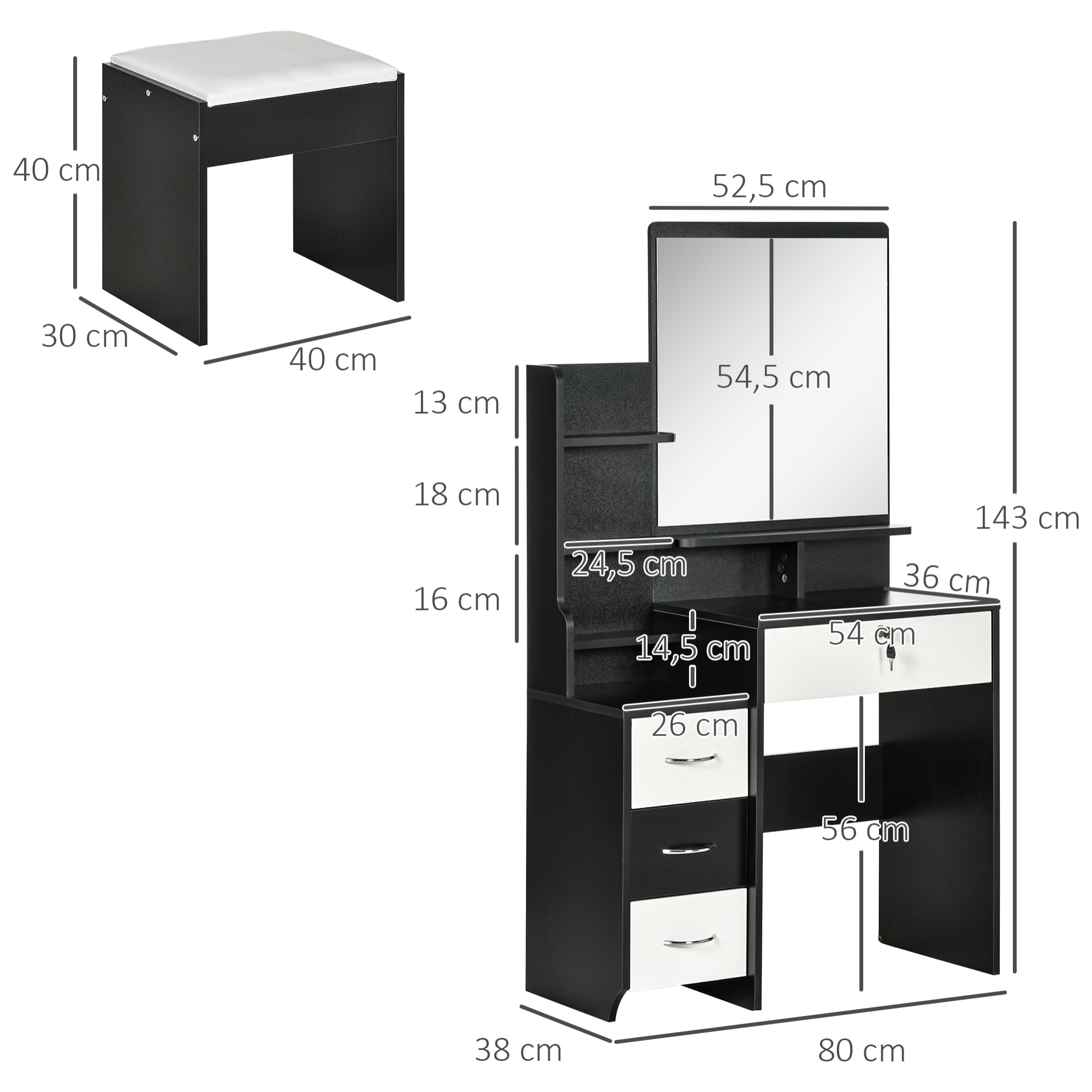 Ensemble coiffeuse tabouret design contemporain multi-rangement 4 tiroirs 4 étagères grand miroir noir blanc