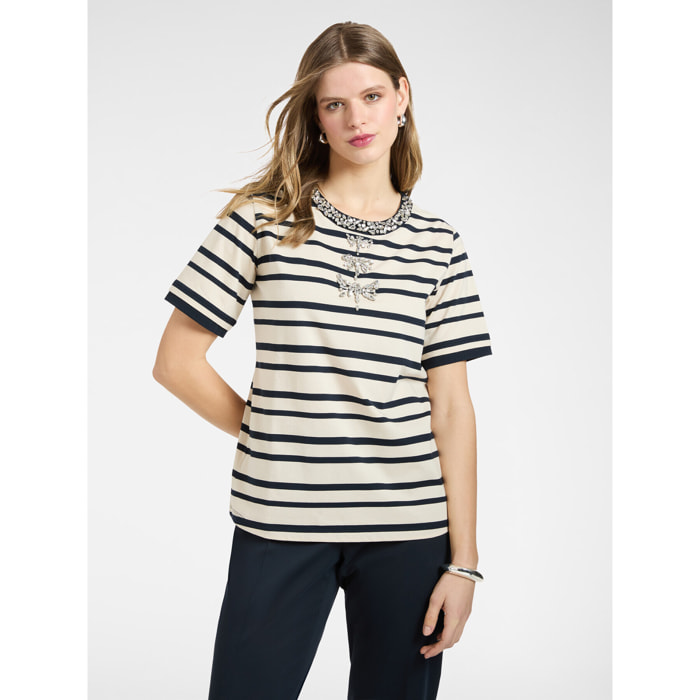 Elena Mirò - Camiseta de rayas con bordados - Azul