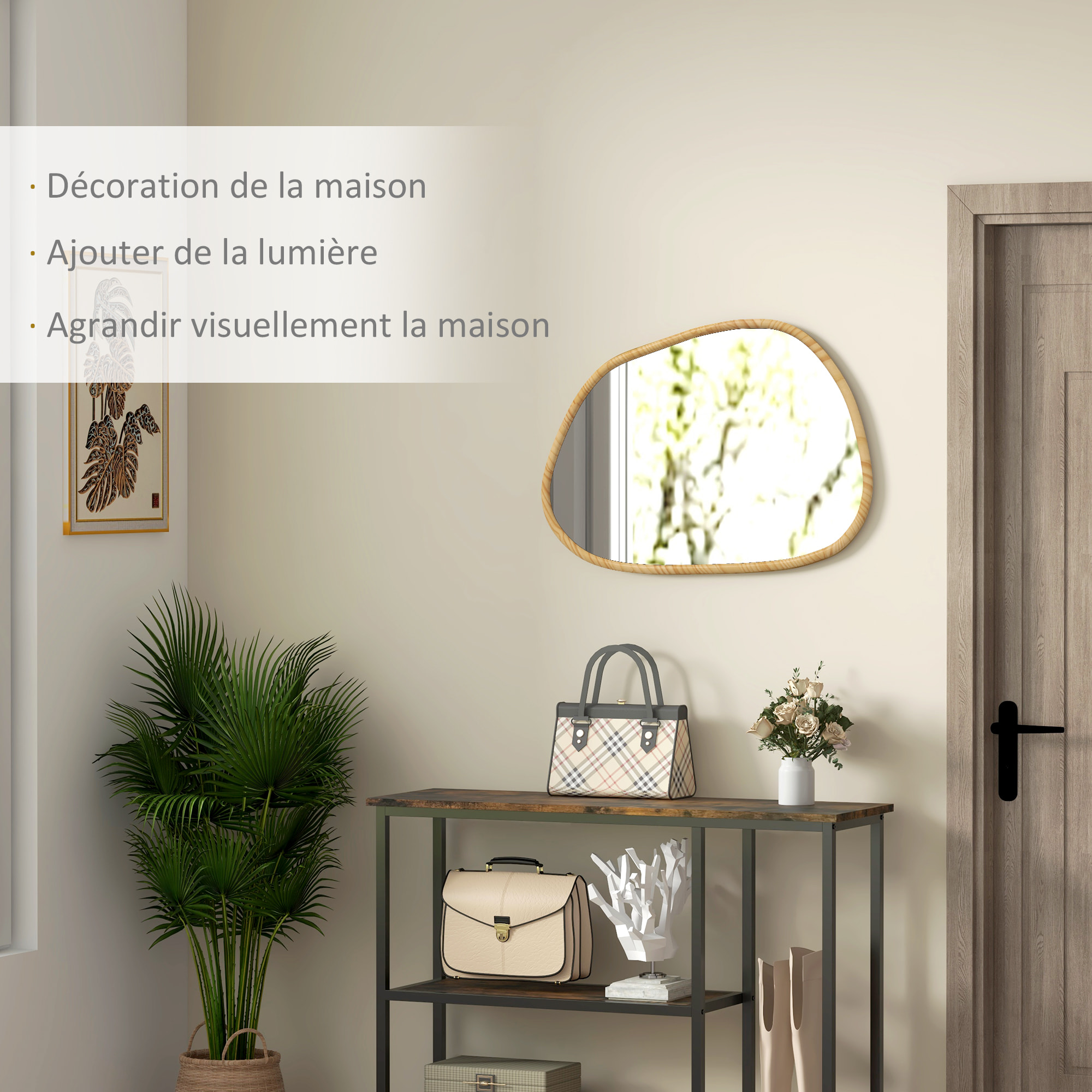 Miroir mural décoratif forme organique dim. 80L x 60H cm cadre bois de pin verni