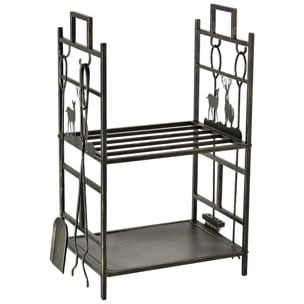 Soporte para Leña de Metal de 2 Niveles Estante para Leña con 4 Herramientas y Asas para Chimenea para Interior y Exterior 51,5x33x77 cm Negro Dorado