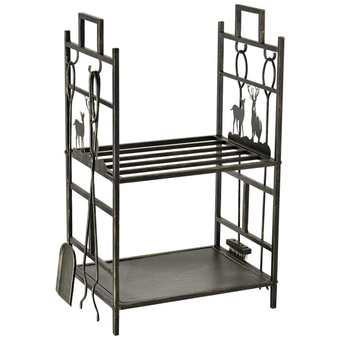 Soporte para Leña de Metal de 2 Niveles Estante para Leña con 4 Herramientas y Asas para Chimenea para Interior y Exterior 51,5x33x77 cm Negro Dorado