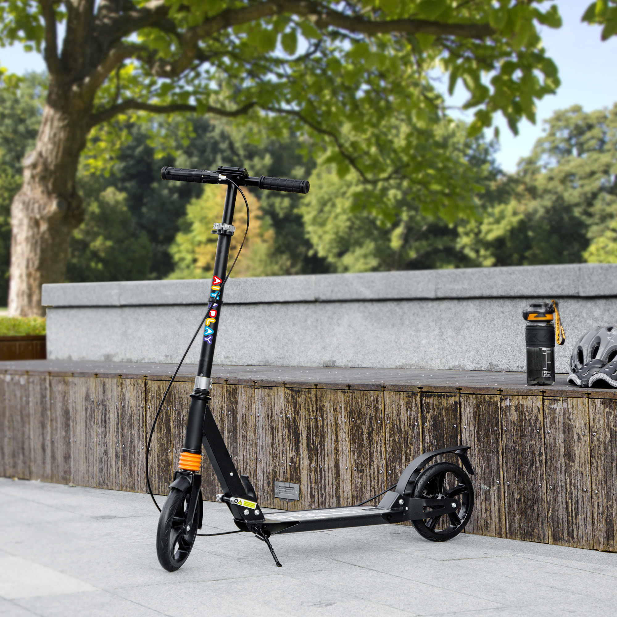 Trottinette pliable enfant 6-12 ans hauteur guidon réglable freins suspensions AV/AR béquille noir