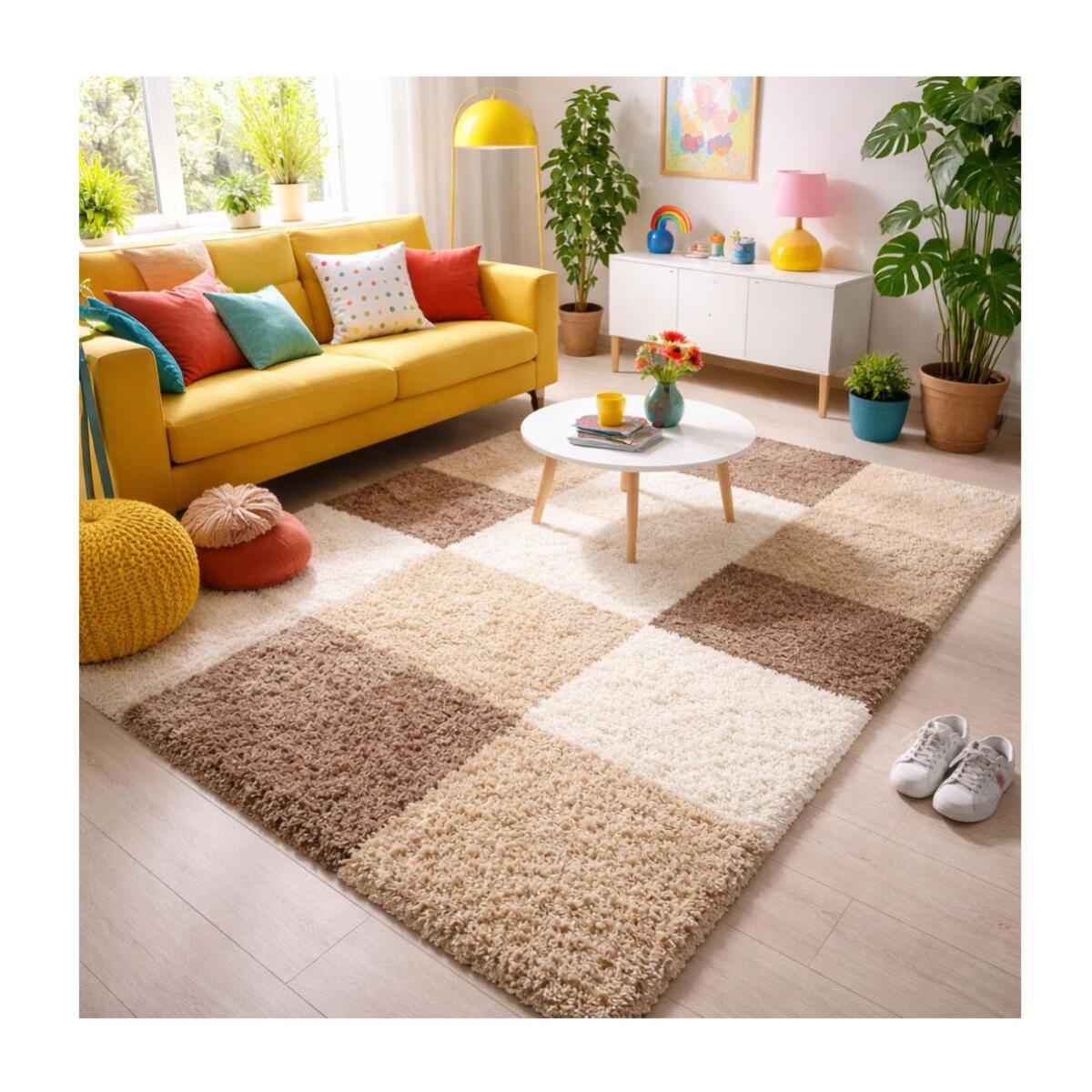 Tapis poils longs shaggy tissé motif damier JOJU