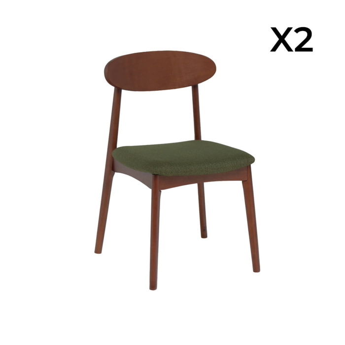 Chaise vintage bois d'hévéa noyer et tissu (lot de 2) ARIA