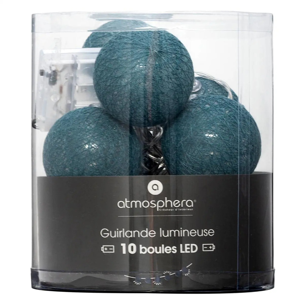 Guirlande LED à pile 10 boules - bleu canard - L165 cm