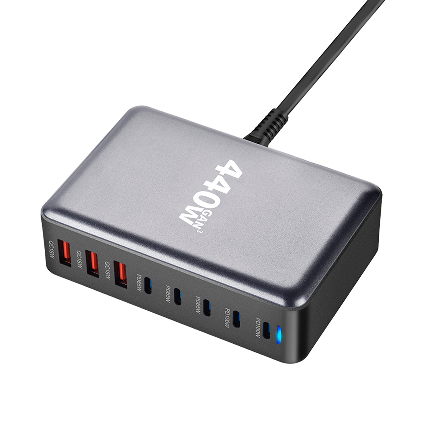 Caricatore da tavolo con 440W, con 5 uscite USB tipo C di ricarica rapida e 3 uscite USB-A.