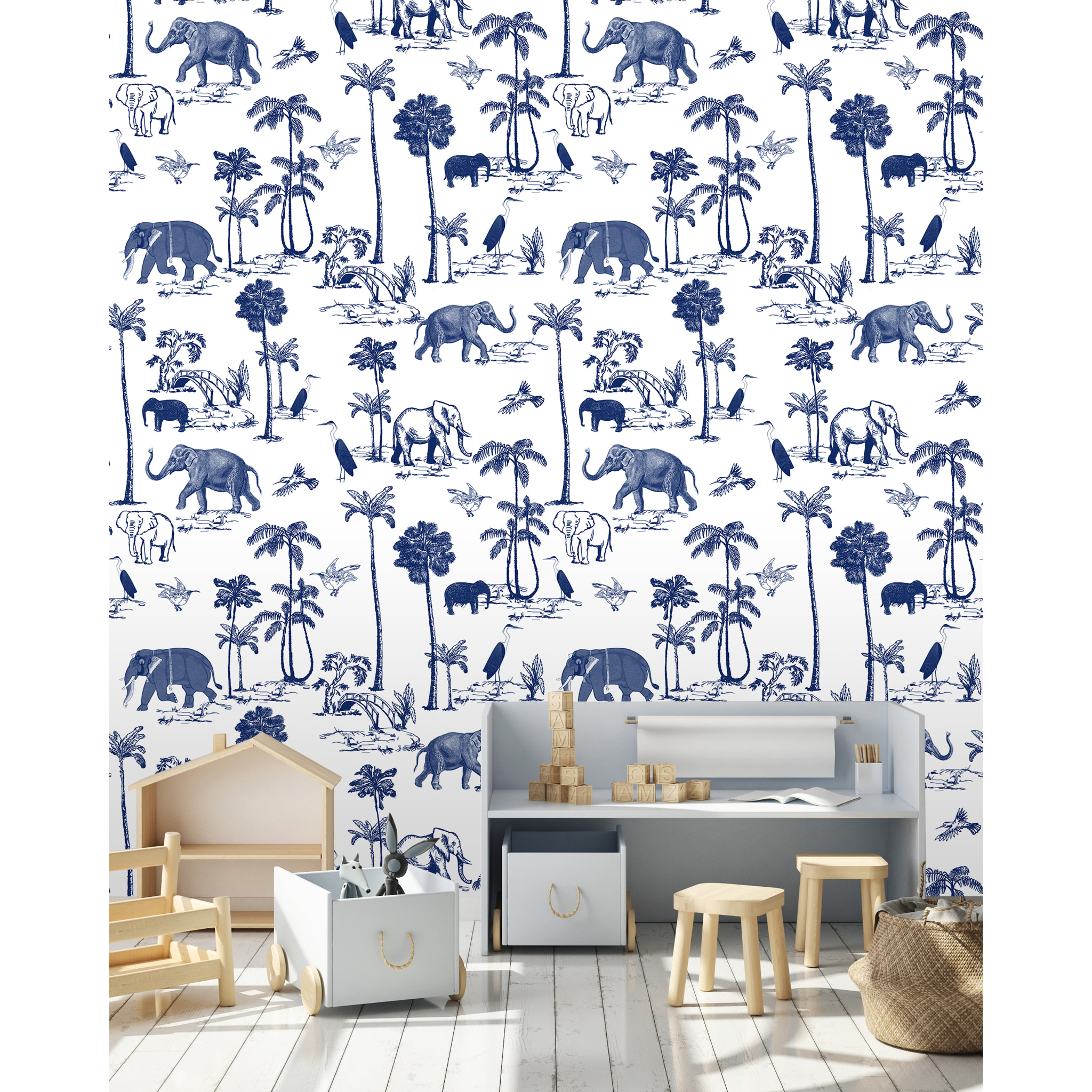 Papel pintado CERAMIKO, Elephant Toile Blanco y Azul 135x300 cm