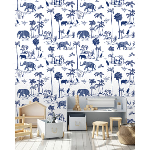 Papel pintado CERAMIKO, Elephant Toile Blanco y Azul 135x300 cm