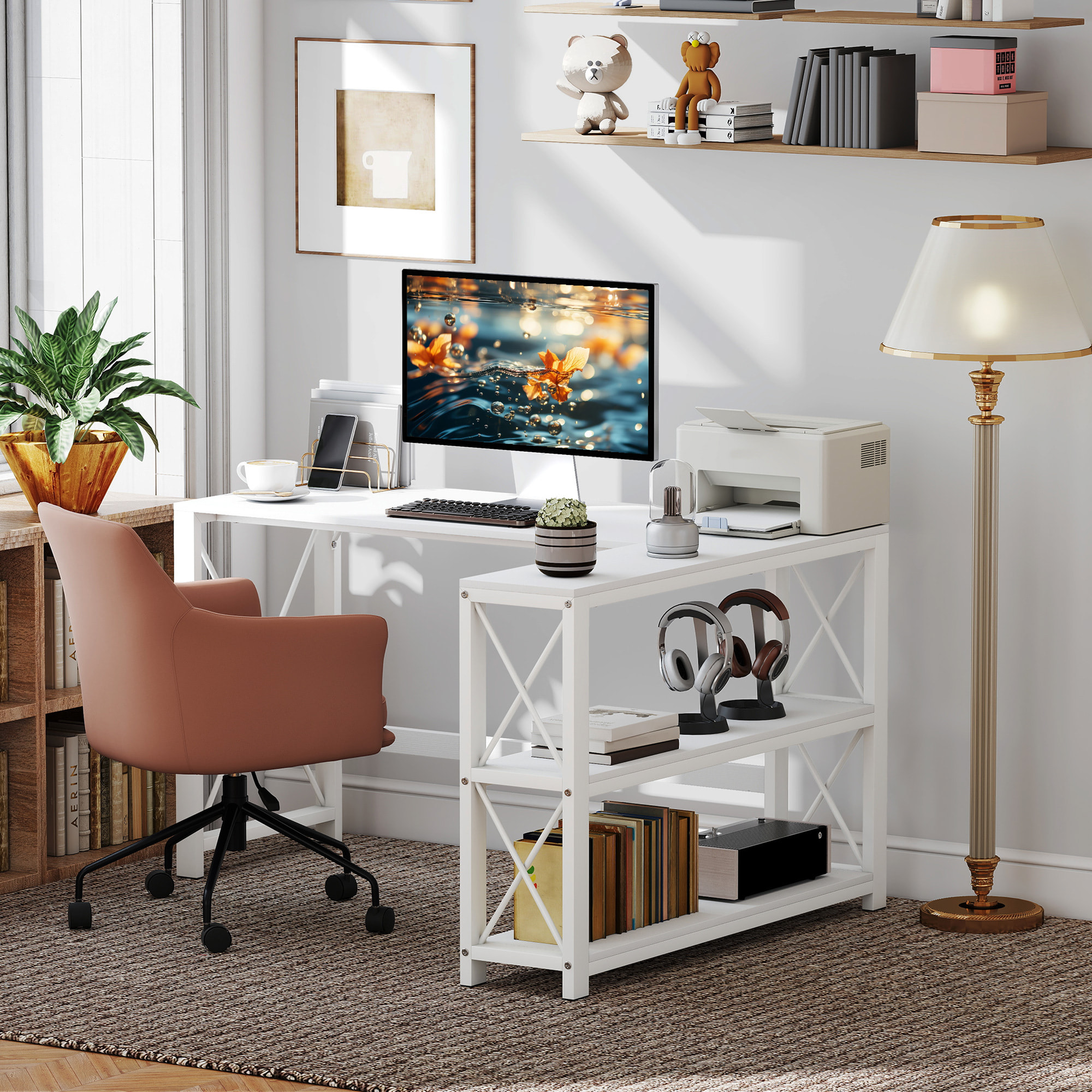Bureau d'angle modulable design contemporain multi-rangement  - métal panneaux blanc