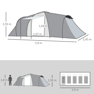 Tente de camping familiale 4-6 personnes 2 cabines 2 portes auvent 5,9L x 2,45l x 1,93H m rouge gris