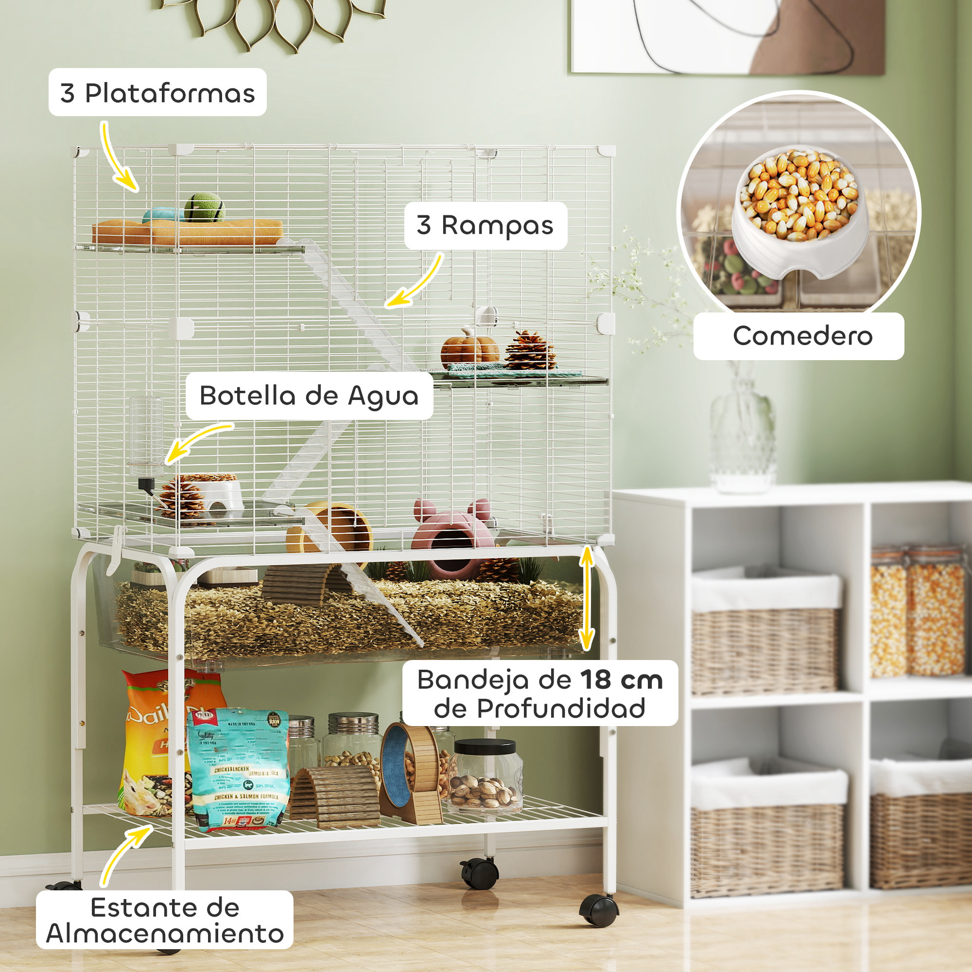 Jaula para Animales Pequeños de 4 Niveles con Ruedas Jaula para Roedores con Bandeja Profunda Rampas Plataformas Comedero y Bebedero Recinto para Chinchillas Hurones Hámster 73x47x123 cm Blanco