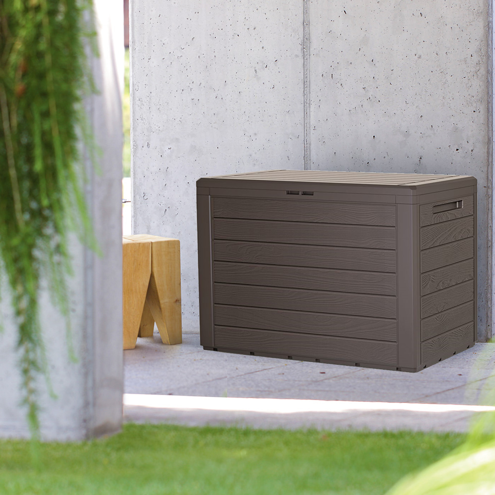 Baul de jardin 190 litros Prosperplast Woodebox de plastico en color ocre oscuro 78 x 43,3 x 55 cm