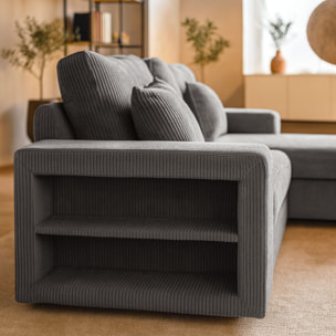 SAN DIEGO Canapé d'angle convertible 4 places avec coffre en velours côtelé gris