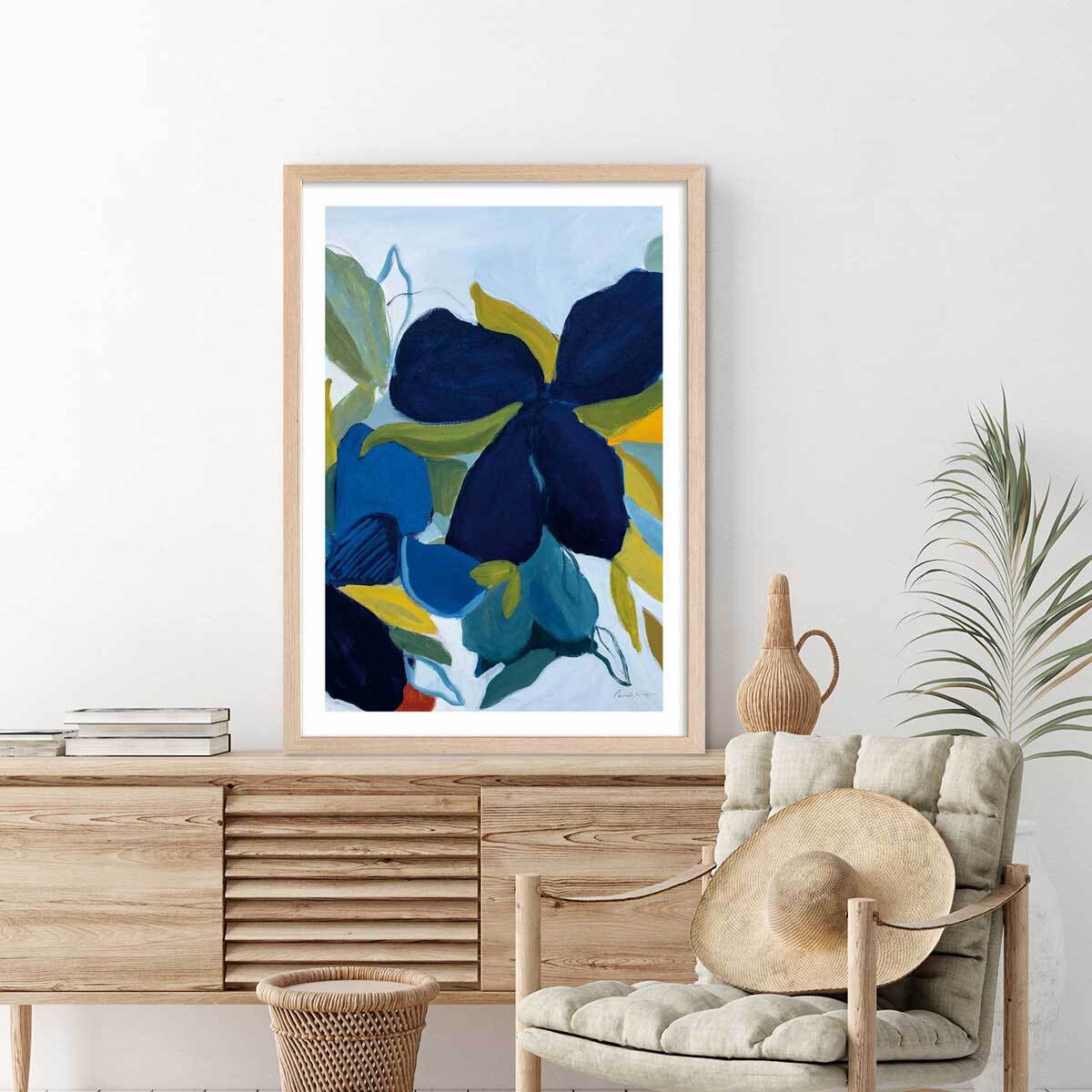 Poster fleurs bleues Affiche + cadre en bois - Chêne