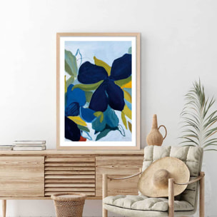 Poster fleurs bleues Affiche + cadre en bois - Chêne