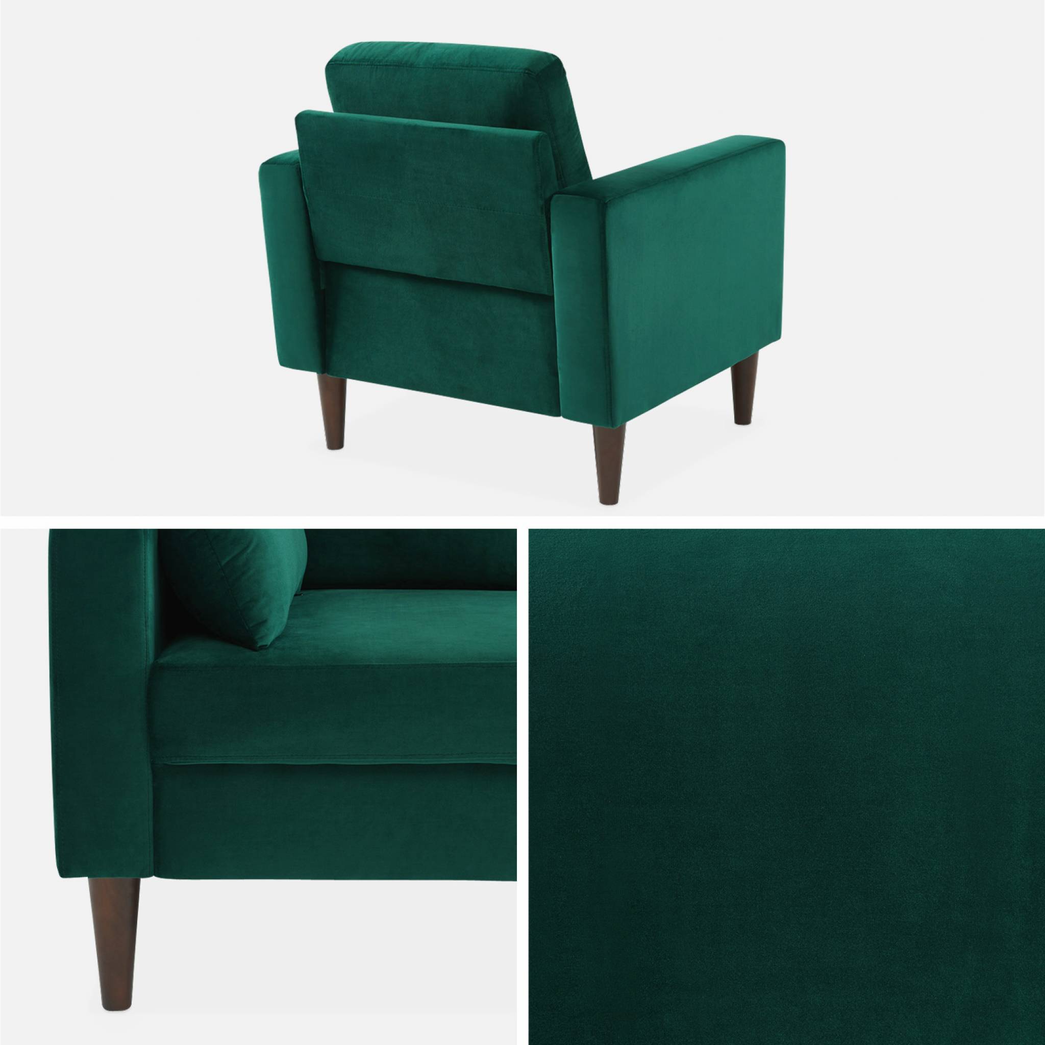 Fauteuil scandinave en velours vert anglais - Bjorn - Canapé 1 place fixe droit pieds bois d'hévéa effet bois de noyer