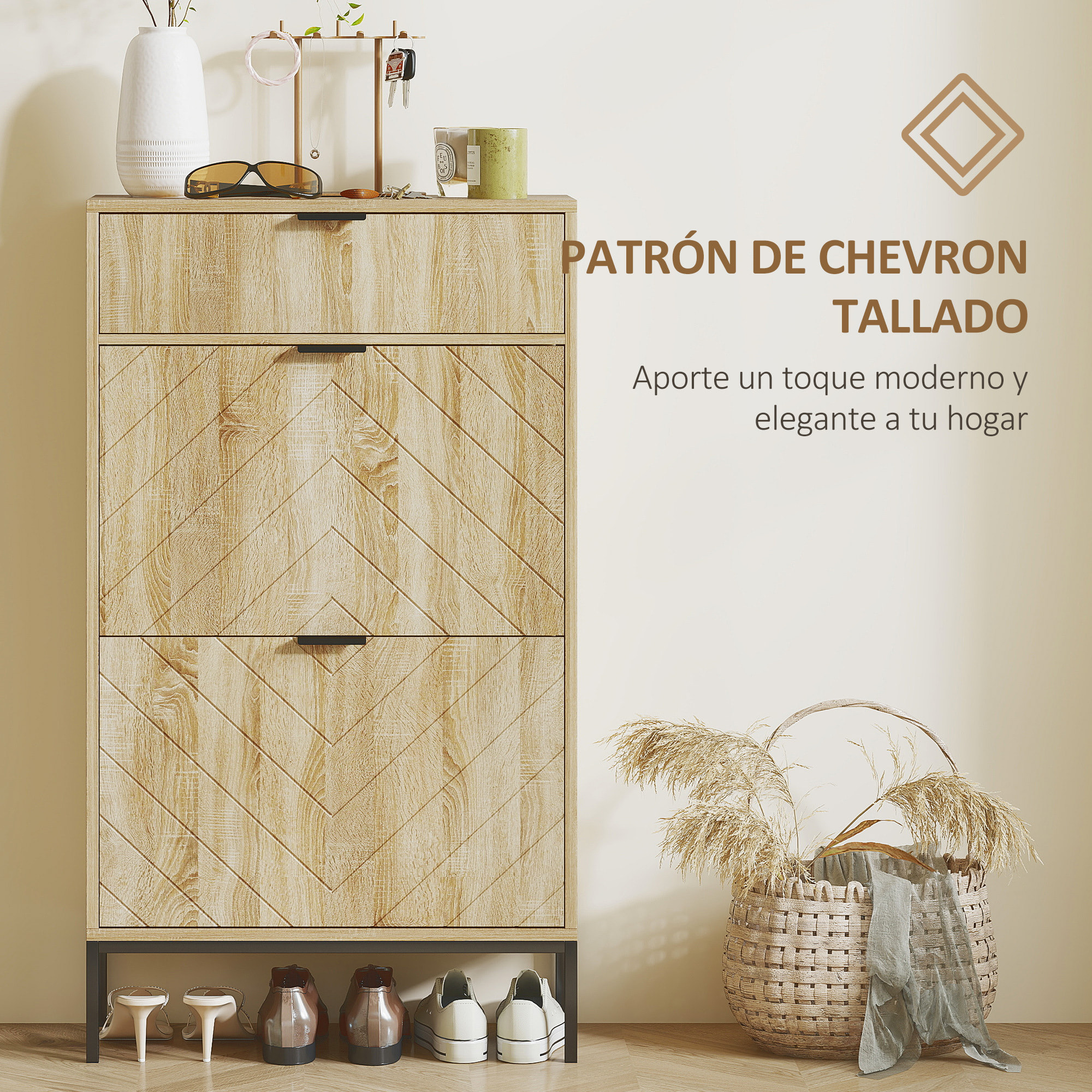 Zapatero Estrecho con 2 Puertas Zapatero Entrada Recibidor con Cajón y Estantes Ajustables para 8 Pares de Zapatos 60x24x105,5 cm Roble