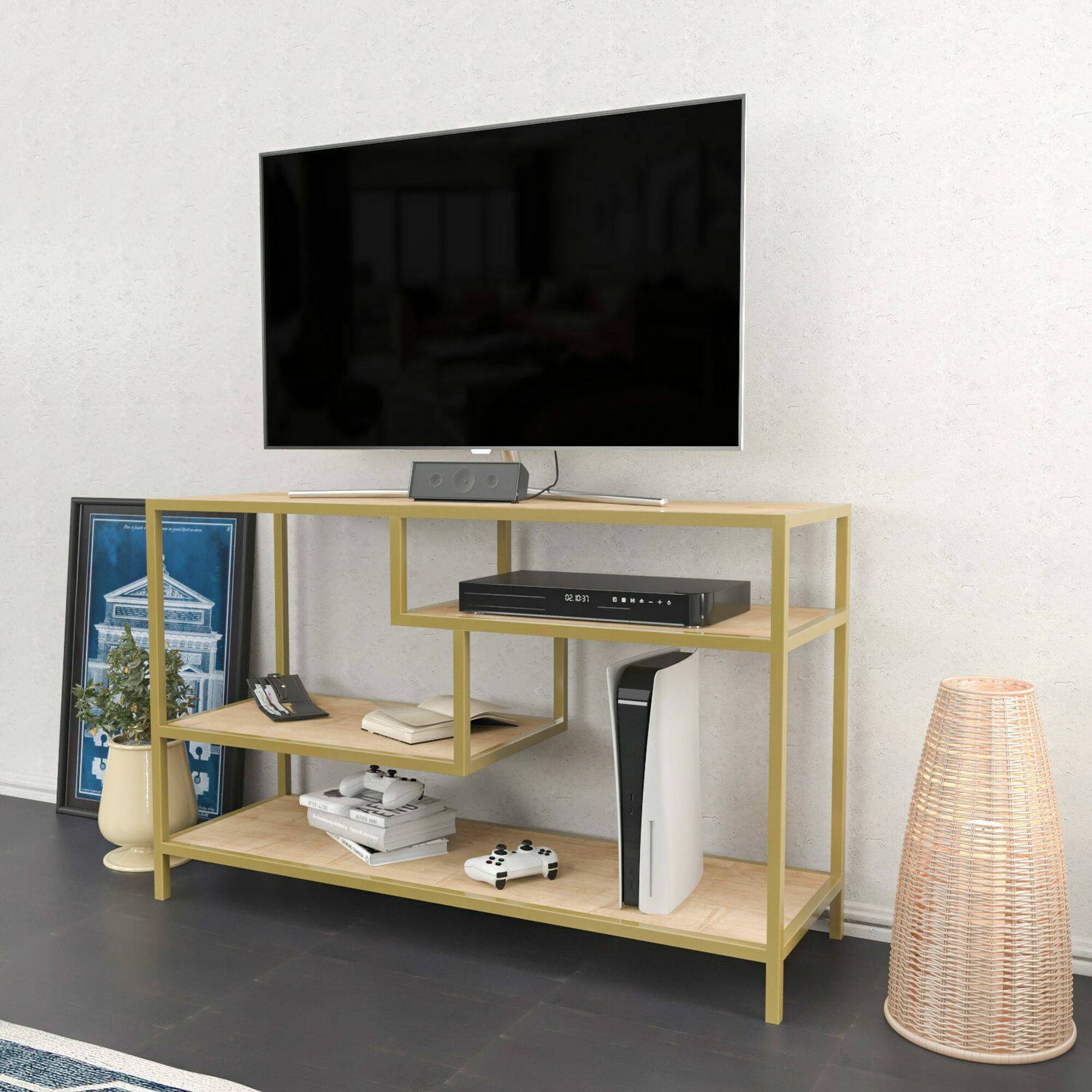 Mobile porta TV Dplizzar, Credenza da soggiorno, Armadio basso per TV, Base parete attrezzata, 120x39h75 cm, Oro e Quercia