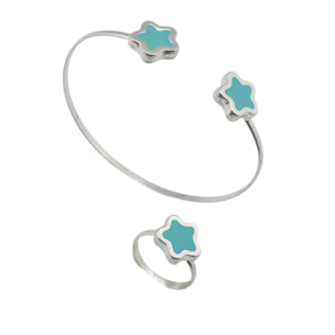 Conjunto Colors Flor Pulsera y anillo plata 10µ Azul celeste