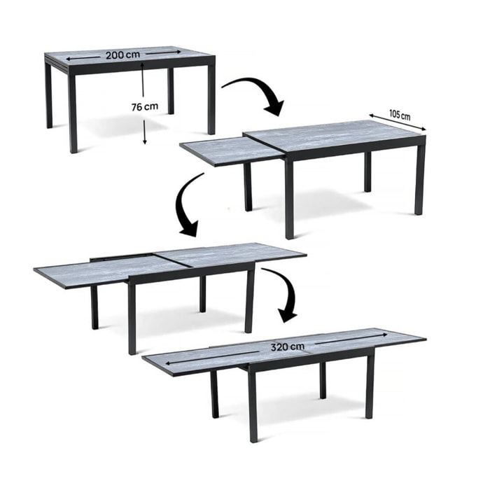 Table extensible et chaises de jardin en aluminium "Lagos" - 200/320 x 105 x 76 cm - Taupe - 12 places