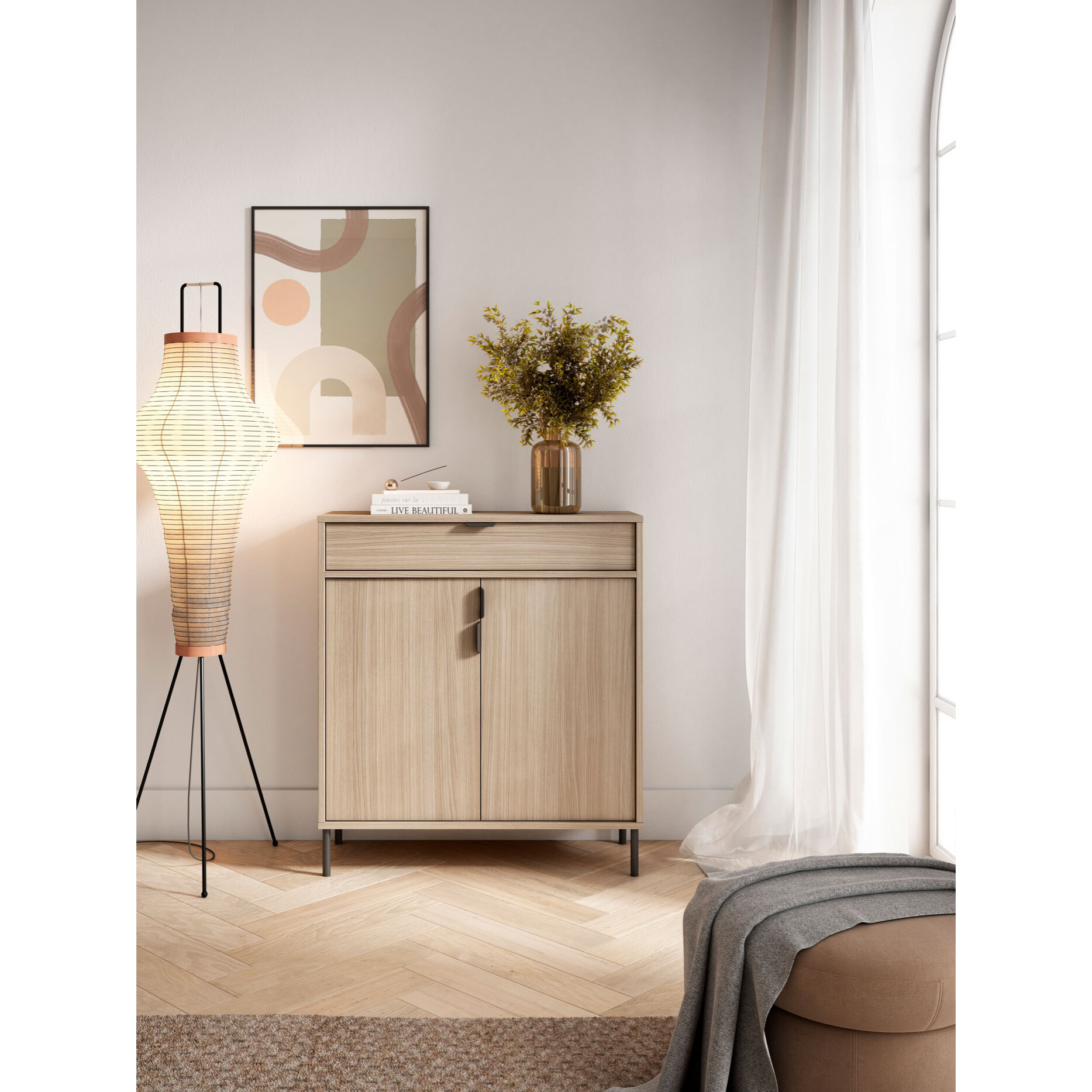 Zapatero Alice melamina nogal claro patas grafito 89x80x29 cm