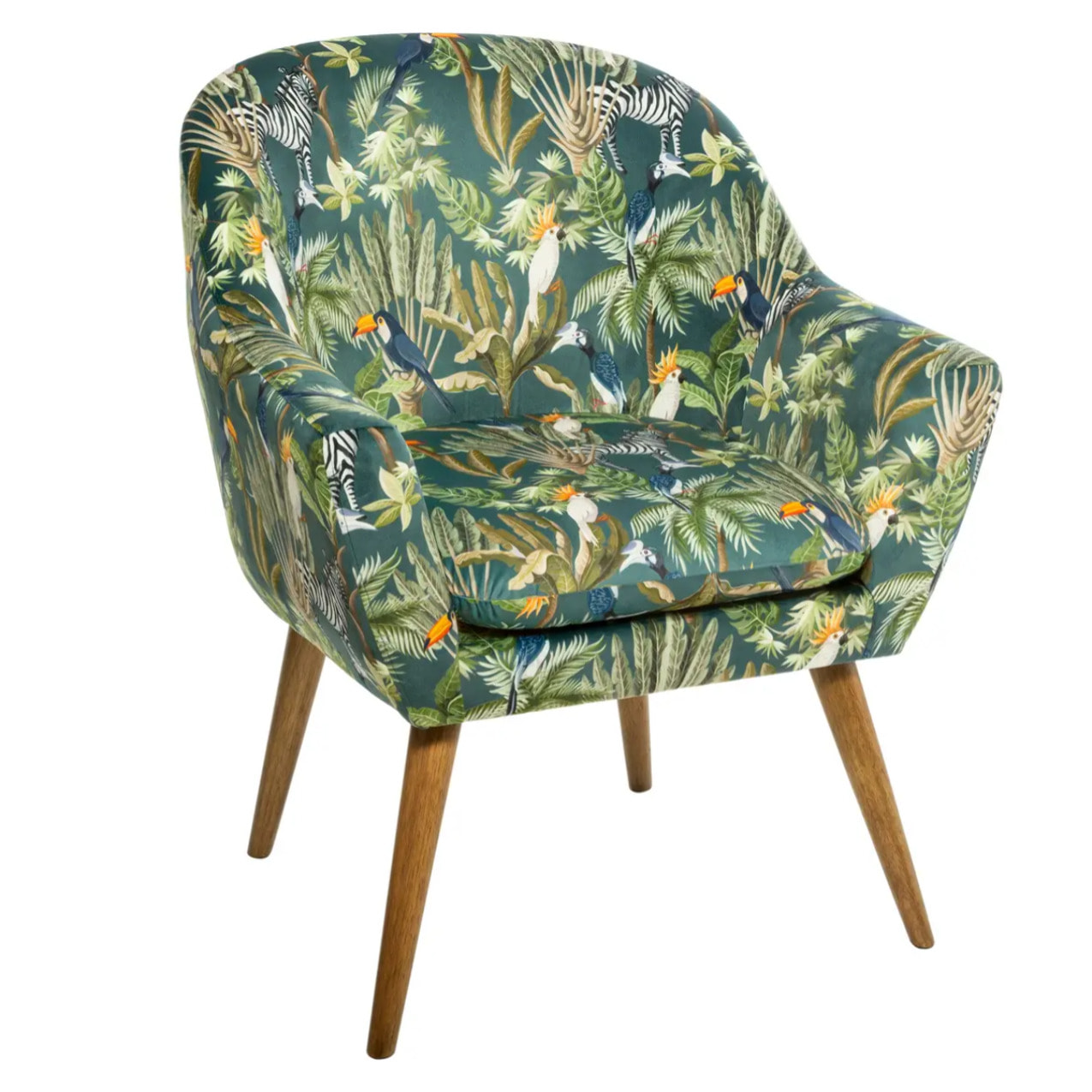 Fauteuil "Sango" velours vert motifs jungle