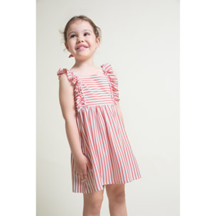 Vestido de tirantes con volantes fruncidos, estampado de rayas verticales y falda evasee | Color: Coral | Street Monkey