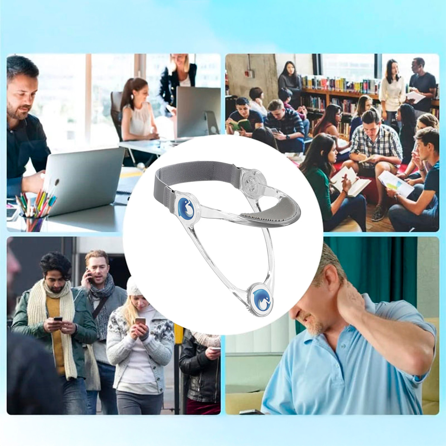 Soporte ergonómico para cuello con ajuste de altura y rotación 360°, ideal para mejorar la postura en casa o trabajo.