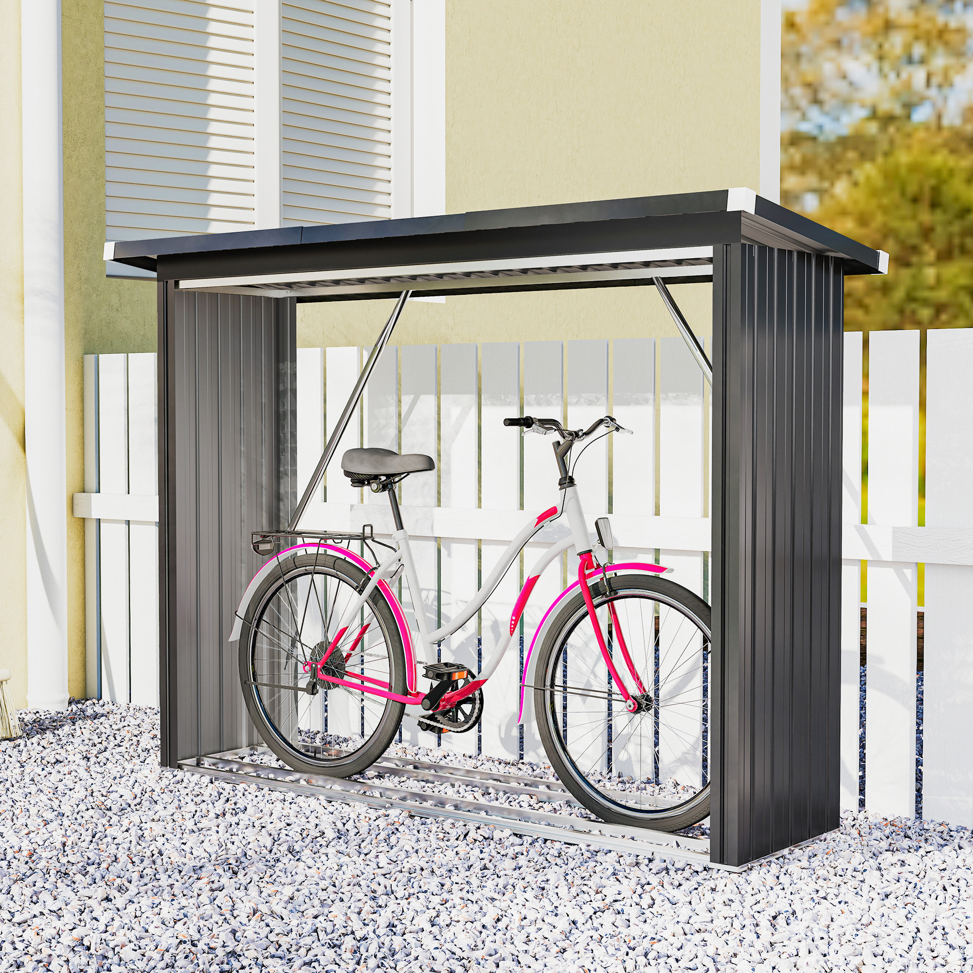 Casetilla para Leña de Acero Galvanizado, Cobertizo Leñero Exterior de Almacenamiento de Troncos, con Base Elevada y Techo Inclinado, 213x66,5x150 cm, Gris Oscuro