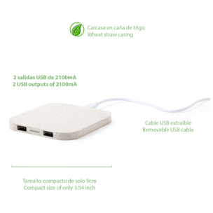 Cargador Riens Qi inalámbrico, fabricado con caña de trigo, con doble salida USB de 2100 mAh.