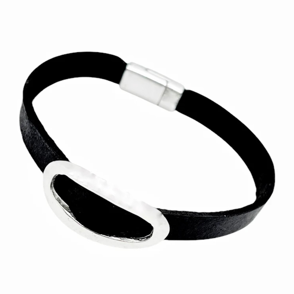 Pulsera cuero Hebilla cierre iman negro y plata