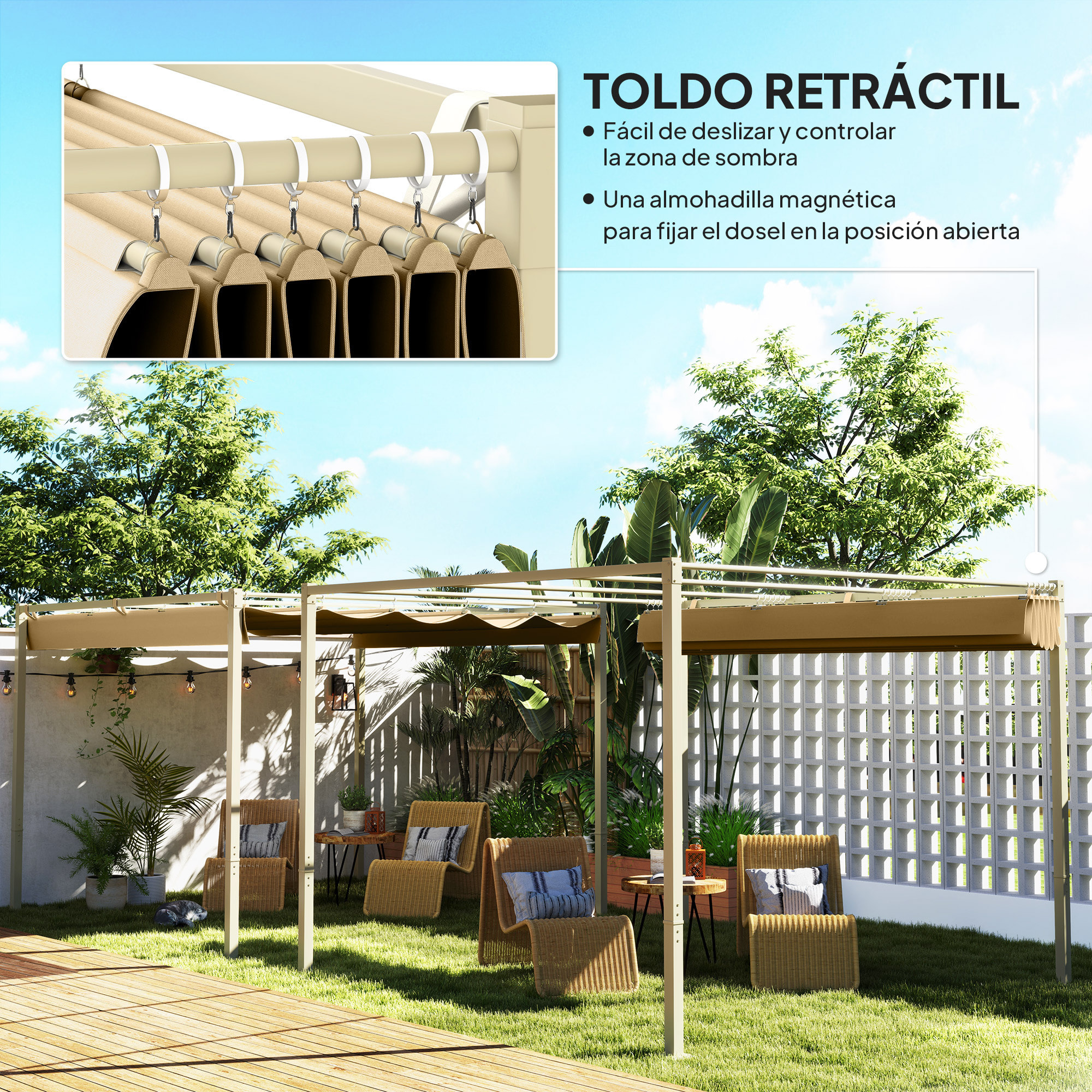 Pérgola con Techo Retráctil Pérgola de 3x3 m Cenador de Pared o Independiente con Cierre Magnético Protección UV30+ Pabellón para Jardín Patio Terraza Exterior Caqui