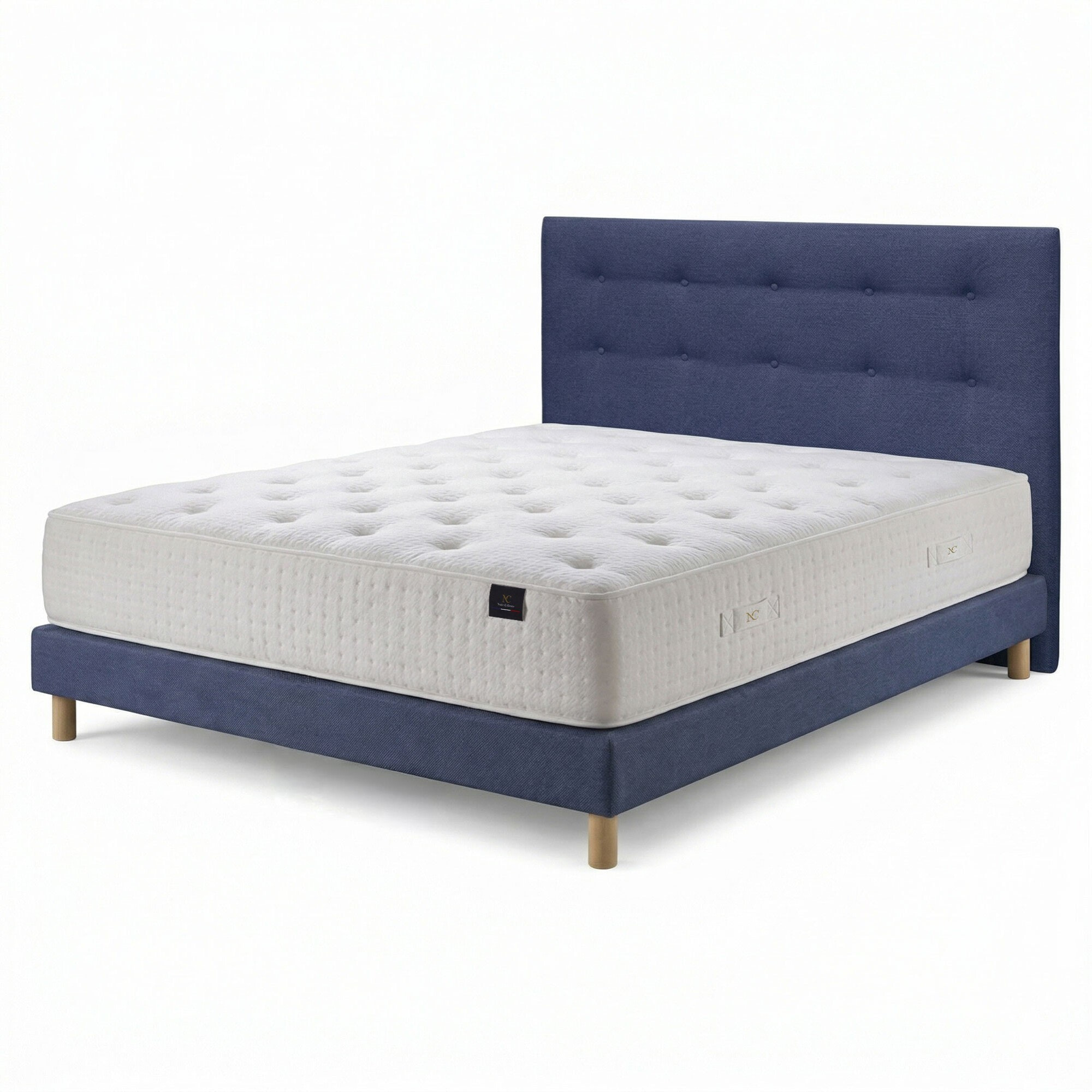 Ensemble matelas mousse haute résilience CALLISTO, H29 cm, accueil mémoire de forme, sommier et tête de lit bleu