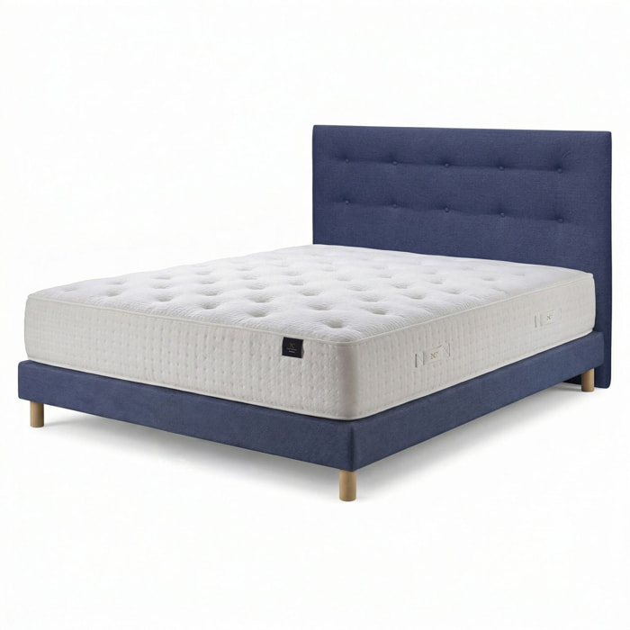 Ensemble matelas mousse haute résilience CALLISTO, H29 cm, accueil mémoire de forme, sommier et tête de lit bleu