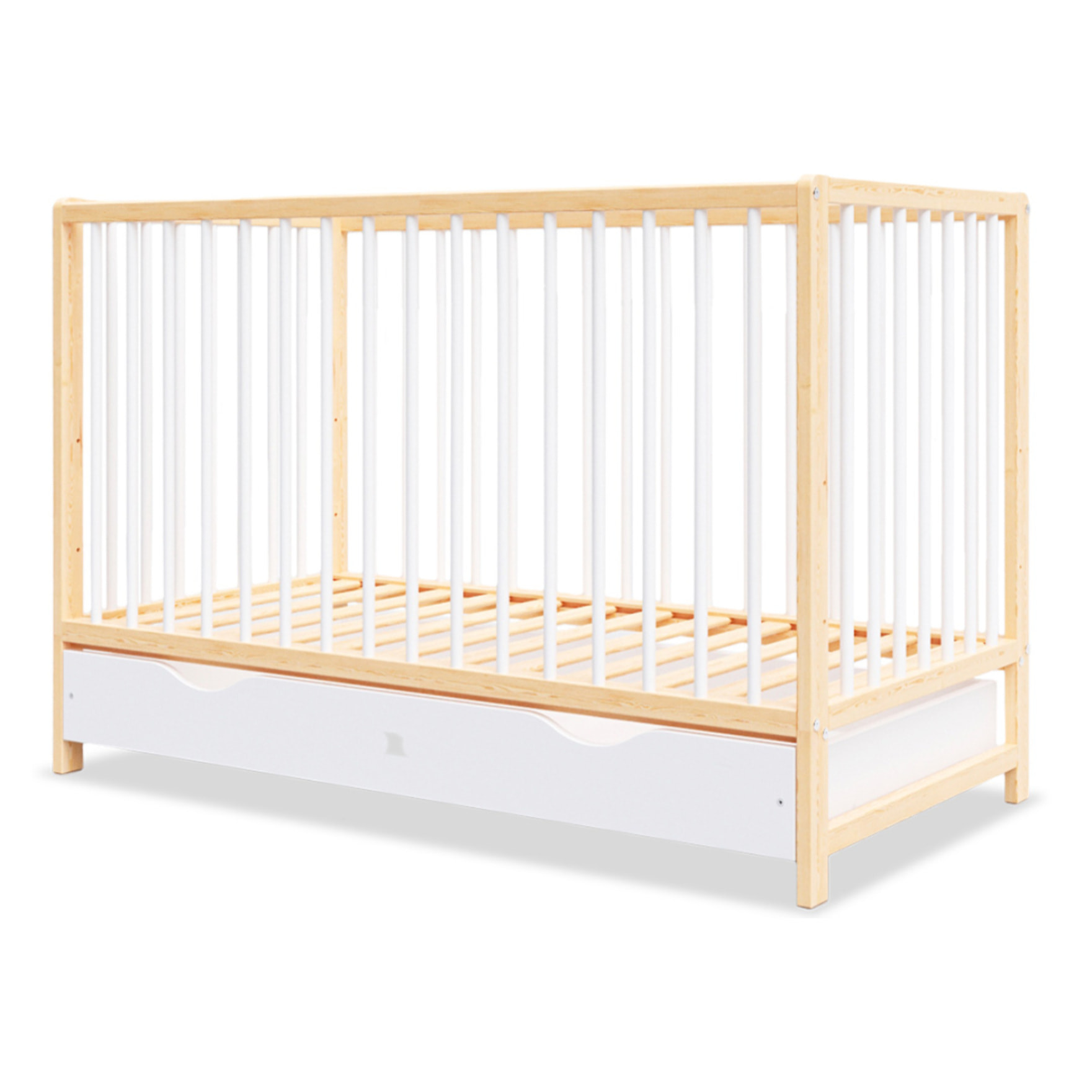 Lit Bébé Évolutif Mathis 60x120 cm, avec Tiroir de Rangement, Sommier Réglable 3 Hauteurs, Barreaux Amovibles, Couleur Bois Naturel et Blanc