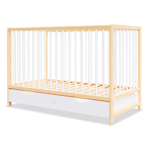 Lit Bébé Évolutif Mathis 60x120 cm, avec Tiroir de Rangement, Sommier Réglable 3 Hauteurs, Barreaux Amovibles, Couleur Bois Naturel et Blanc