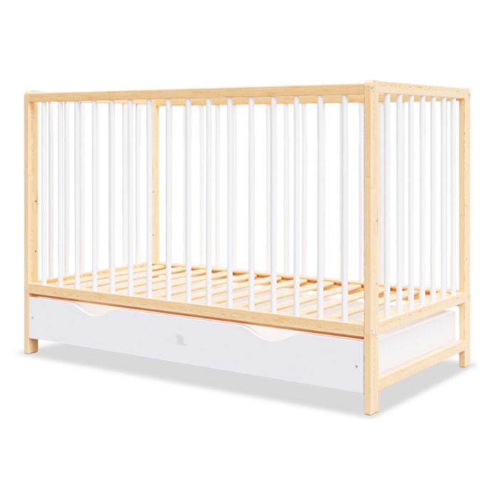 Lit Bébé Évolutif Mathis 60x120 cm, avec Tiroir de Rangement, Sommier Réglable 3 Hauteurs, Barreaux Amovibles, Couleur Bois Naturel et Blanc