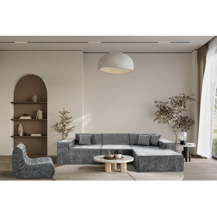 Canapé droit modulable avec ottoman en tissu texturé "Lusso" - 4 places - Gris