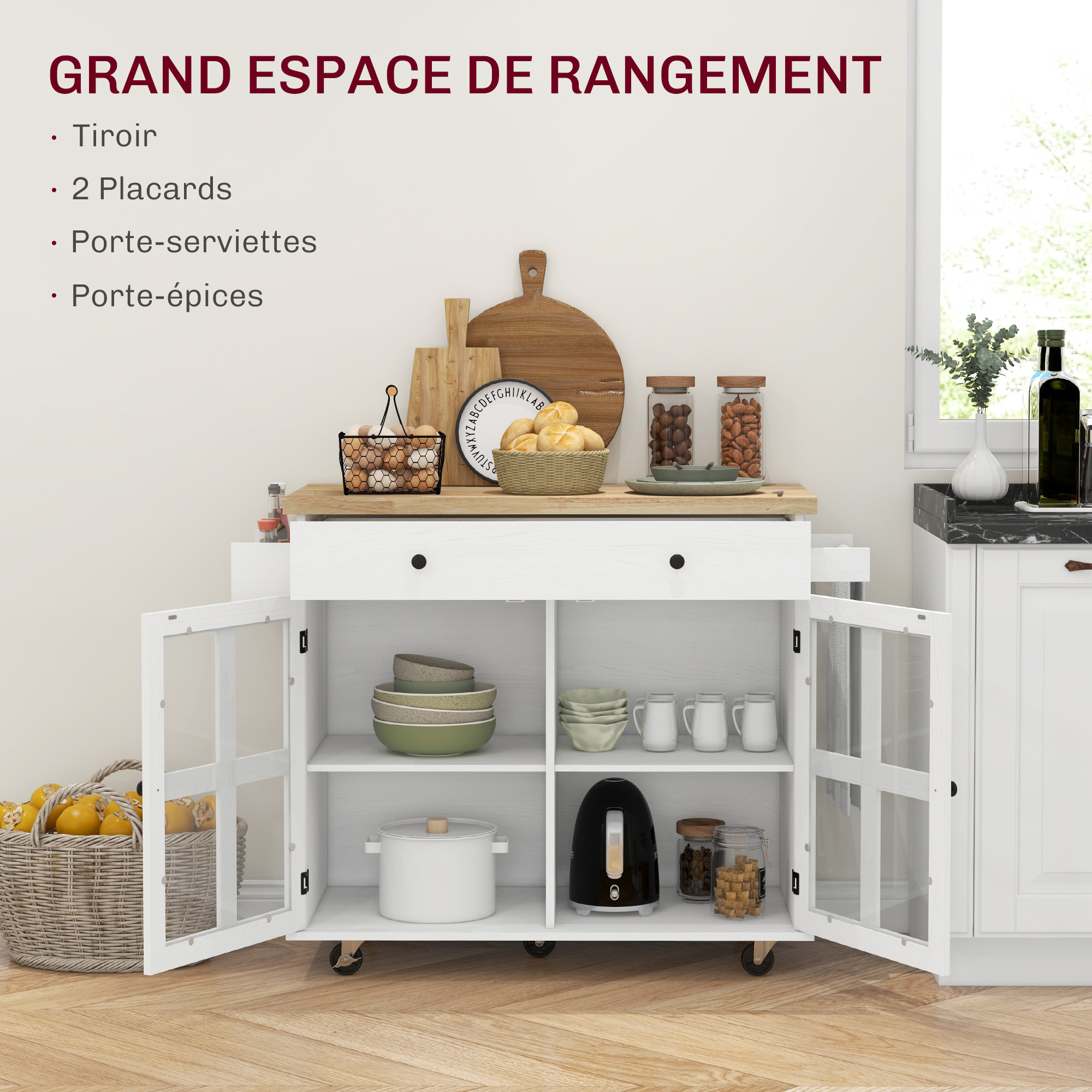 Desserte de cuisine multi-rangement - 2 portes, 2 étagères, tiroir, porte-épices, porte-torchon - blanc bois hévéa