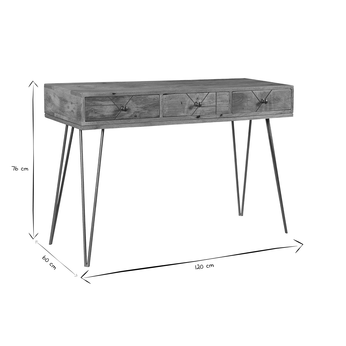 Console avec rangements 3 tiroirs en bois manguier massif gravé et métal doré L120 cm LINIUM