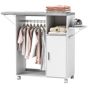 Armoire à repasser pliante sur roulettes avec étagère réglable et barre de suspension – 127 x 42,5 x 99 cm – Blanc