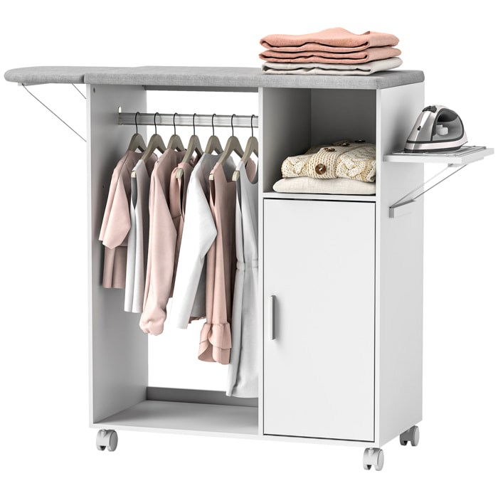 Armoire à repasser pliante sur roulettes avec étagère réglable et barre de suspension – 127 x 42,5 x 99 cm – Blanc