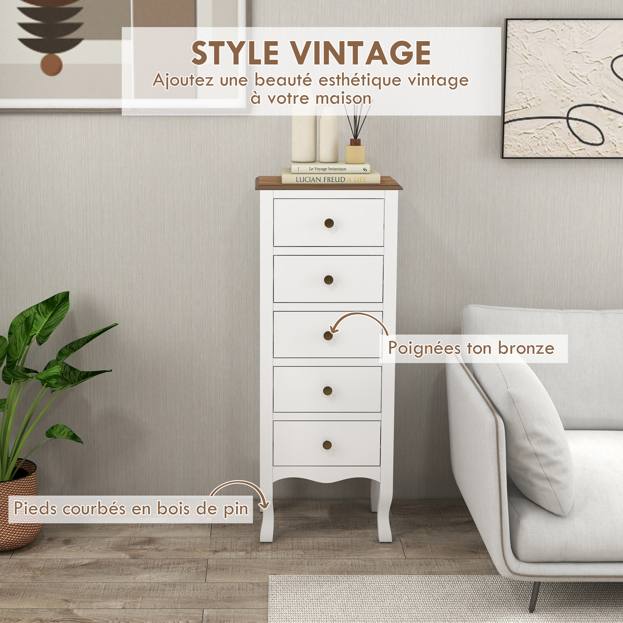Meuble de rangement chiffonnier style néo-rétro 5 tiroirs poignées boutons bois MDF blanc