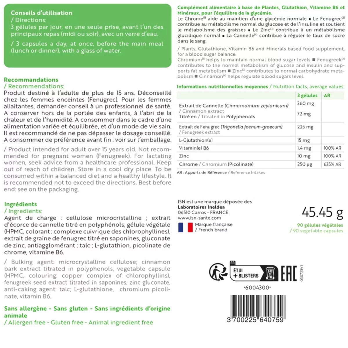 Ineldea Santé Naturelle - Glyco-Stab - Equilibre de la glycémie - Sans gluten - Sans allergène - Sans ingrédient d'origine animale - Sans OGM - Cure de 30 j - 90 gélules végétales