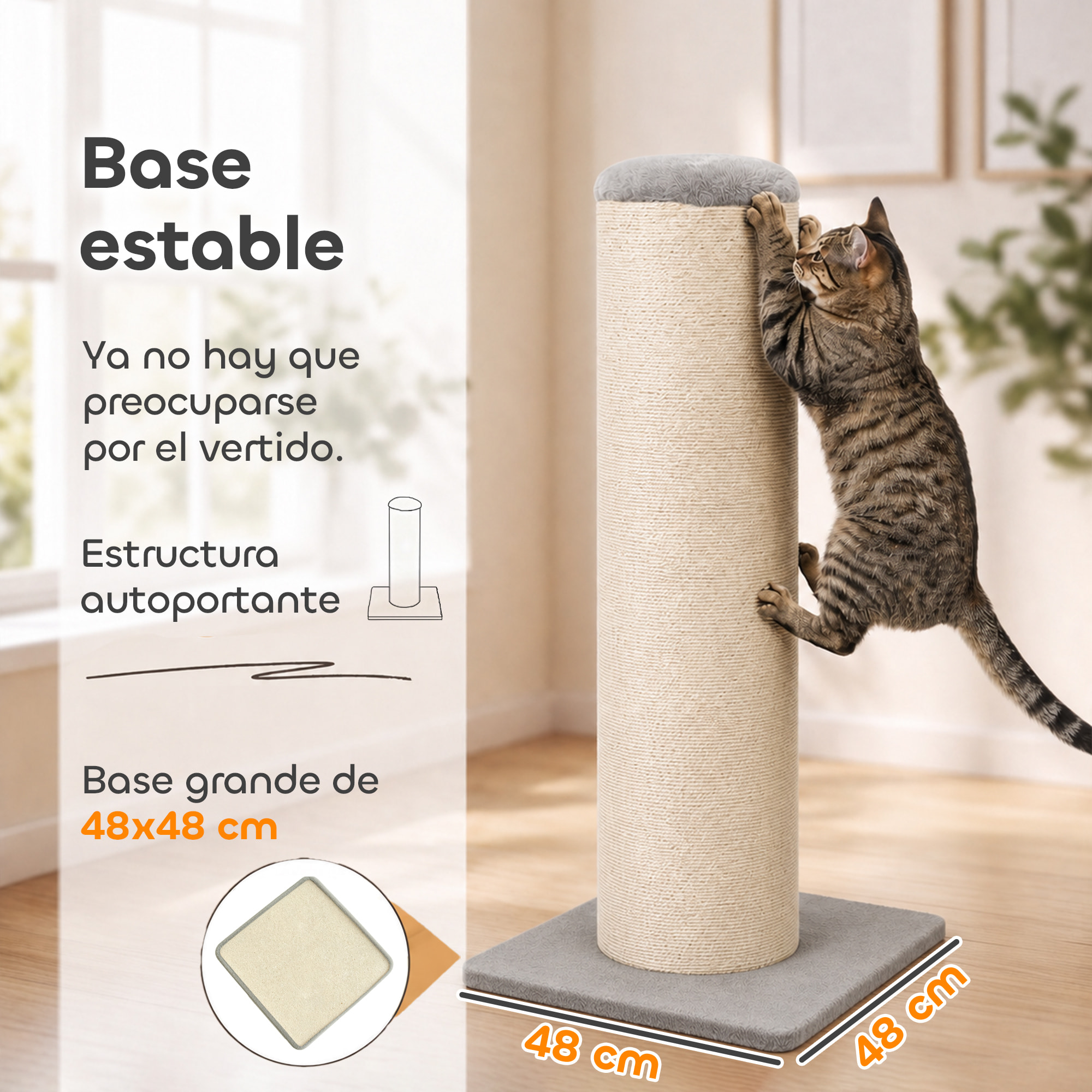 PawHut Poste Rascador para Gatos, Altura 75,5 cm, Rascador para Gatos Interior, Base Estable y Cuerda de Sisal Natural, Gris Claro