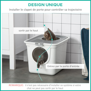 Maison de toilette litière pour chat double porte battante et supérieure - pelle incluse - blanc gris