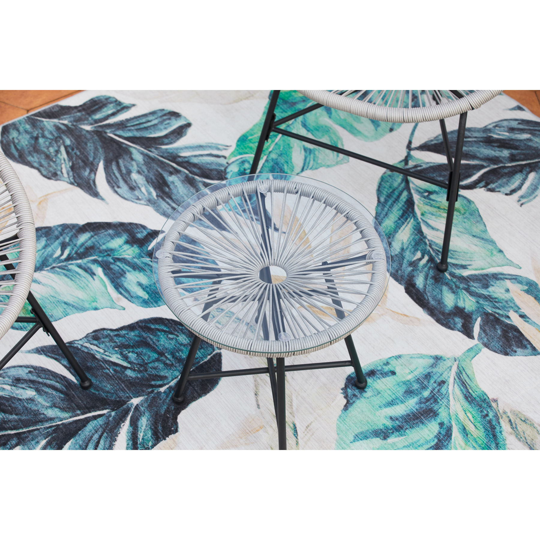 Salon de jardin 2 fauteuils ronds et table basse gris clair LIO